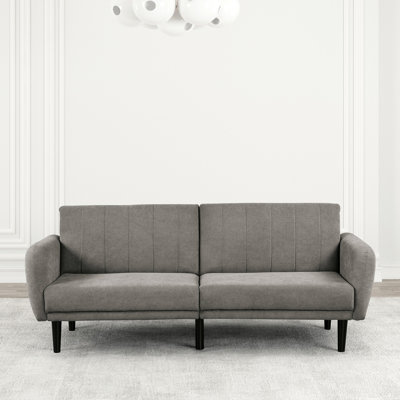 Futon convertible gris Mid-Century 2 places avec dossier cannelé, sièges rembourrés et charge, avec support de dossier en fer, tissu contemporain en bois d'hévéa qui se transforme en lit, siège, doux