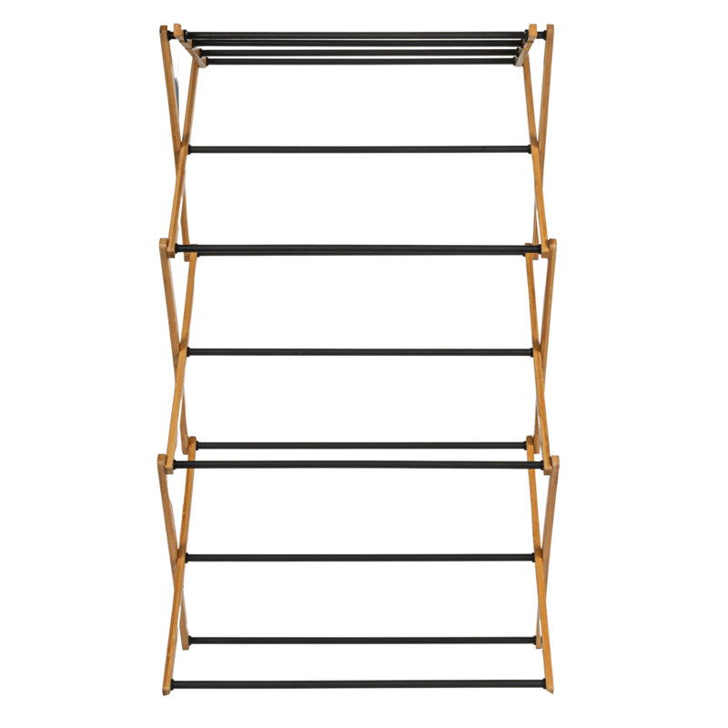 Compact Bamboo and Black Folding Clothes Drying Rack