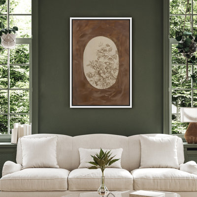 Sepia Floral Oval Canvas Print Wall Art - Antique Botanical Decor for Rustic Living Room or Hallway