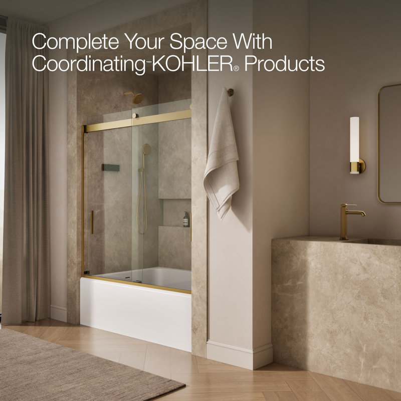 Levity 59.62" x 62" Bypass Bath Door with CleanCoat® Technology, Clear, Moderne Brass