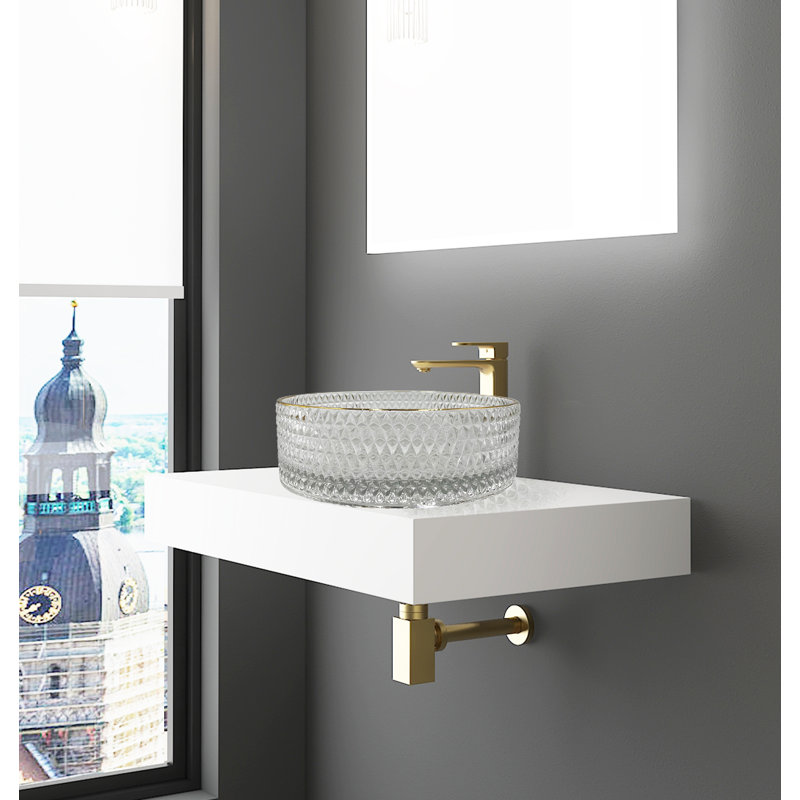 Lavabos vasques rondes transparentes avec rebord doré 16 po avec base blanche 36 po Scotch