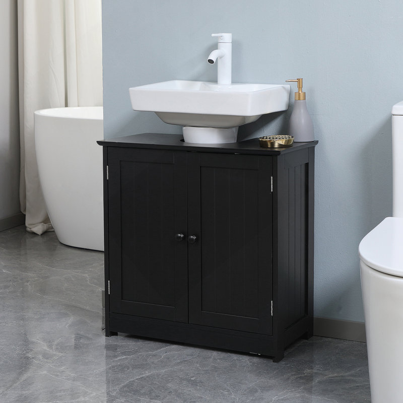Armoire de salle de bain sous le lavabo avec 2 portes et tablette, meuble-lavabo à piédestal, noir, Black