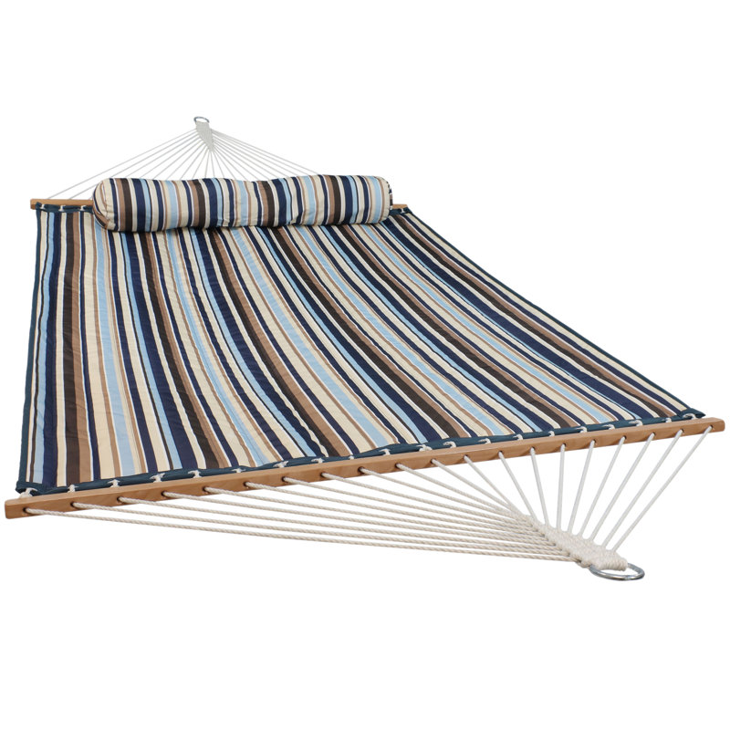 2-Person Quilted Polyester Spreader Bar Hammock - Ocean Isle, Blue/Brown/Gray