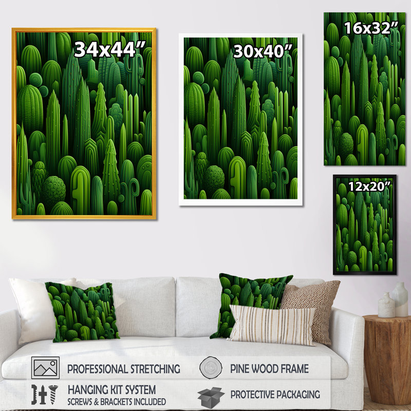 «Green Cactus Desert II - Floral Cactus», art mural, H 32 po x l 24 po x P 1 po, Cadre flottant blanc