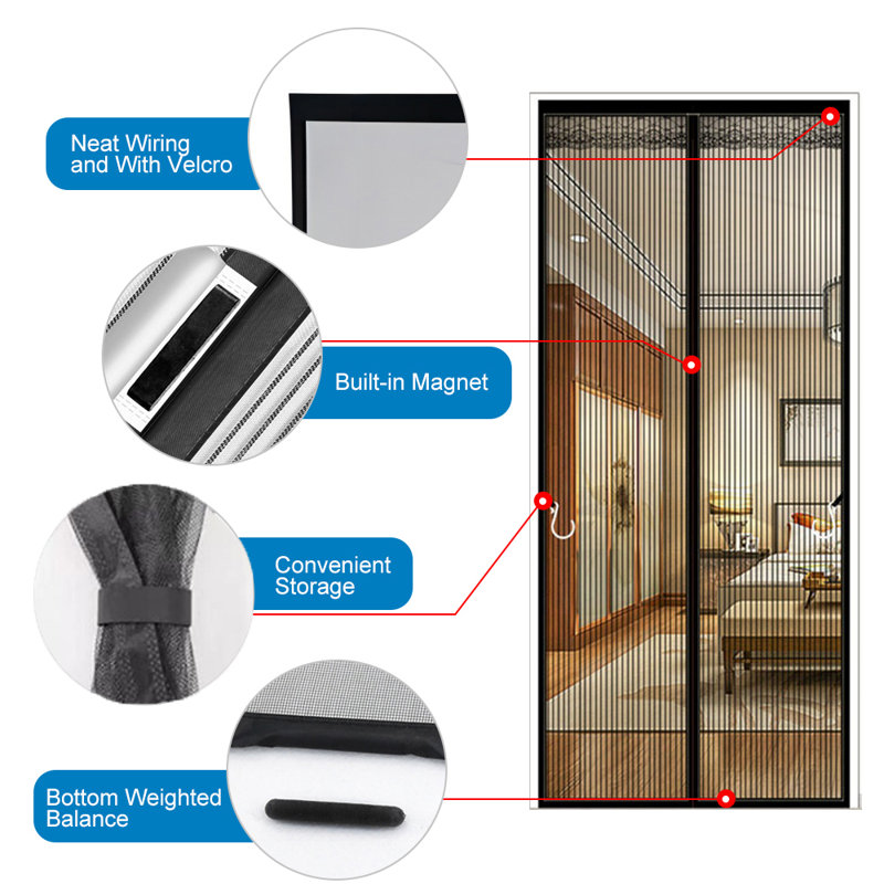 Magnetic Striped Mesh Curtain With Self-Adhesive Backing Suitable For Standard Door Frames, 39" W x 83" H, Black