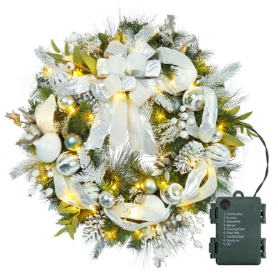 30 Inch Christmas Wreath with Lights, Lighted Large Outdoor Christmas Door Wreath with 40 Battery Operated LED Lights Red Gold Balls for Front Door Fireplace Window Holiday Home Decor