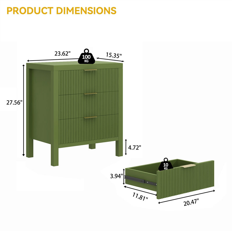 27.56" Tall 3-Drawer Nightstand (set Of 2), Olive Green
