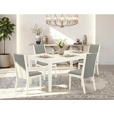5 Piece Dining Set Includes a Rectangle Dining Room Table and 4 Shitake Linen Fabric Upholstered Chairs, Linen White