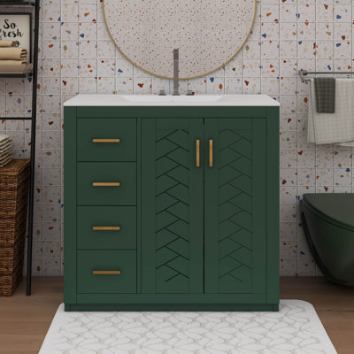 Meuble-lavabo de 36 pouces avec lavabo en céramique, unité de rangement moderne avec 3 tiroirs et 2 portes, autoportant