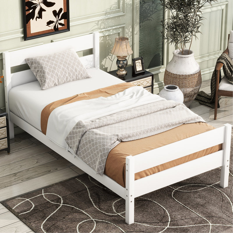 White Twin Bed With Rubber Wood Headboard And , Space - Utilizing Under Space, Classic Cozy Style, Quick Installation Finish, Storage Optimized For Small Living, Simple Assembly