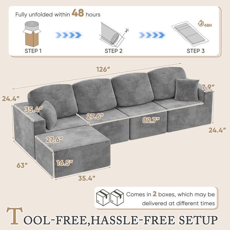 Boneless L-Shaped Modular Sectional Couch, Cloud U-Shaped Sectional Sofa with Wide Armrest, Gray Corduroy