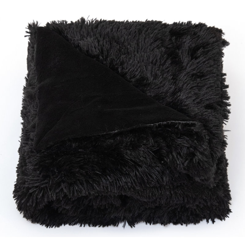 Black Reversible Shaggy Faux Fur and Fleece Throw Blanket