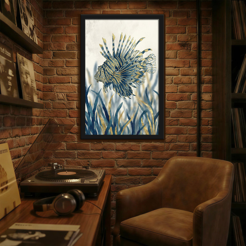 Animaux, poisson-lion en ruppie maritime bleue et dorée, H 36 po x l 24 po