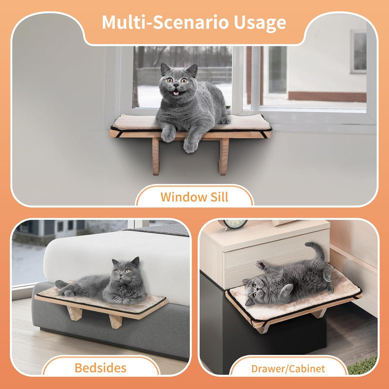 Perchoir de fenêtre pour chat, bois massif, tapis en molleton, tiroir de chevet pour fenêtre | Hamac pour chat en bois naturel, assemblage sans outil