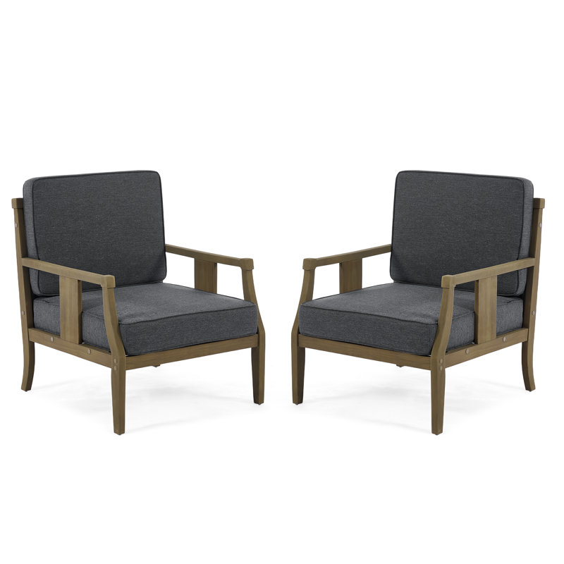 Teak Outdoor Two Pieces Chair Set with Cushions, Dark Gray, Brown