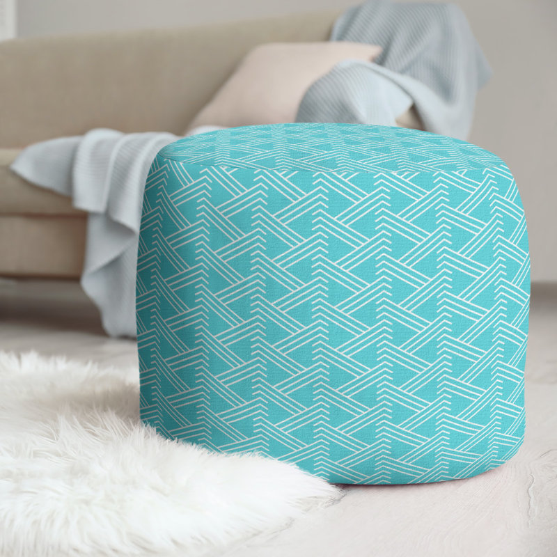 Upholstered Pouf, Teal/White