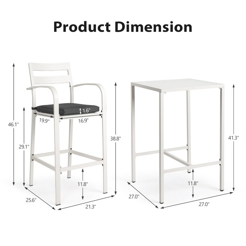 Ensemble de table de bar d'extérieur blanc de 27 pouces avec 2 tabourets rembourrés gris, Blanc
