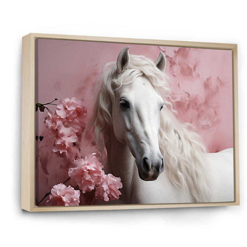 Cheval rose blanc doux beauté - art mural cheval, Cadre flottant érable, H 16 po x l 32 po x P 1 po