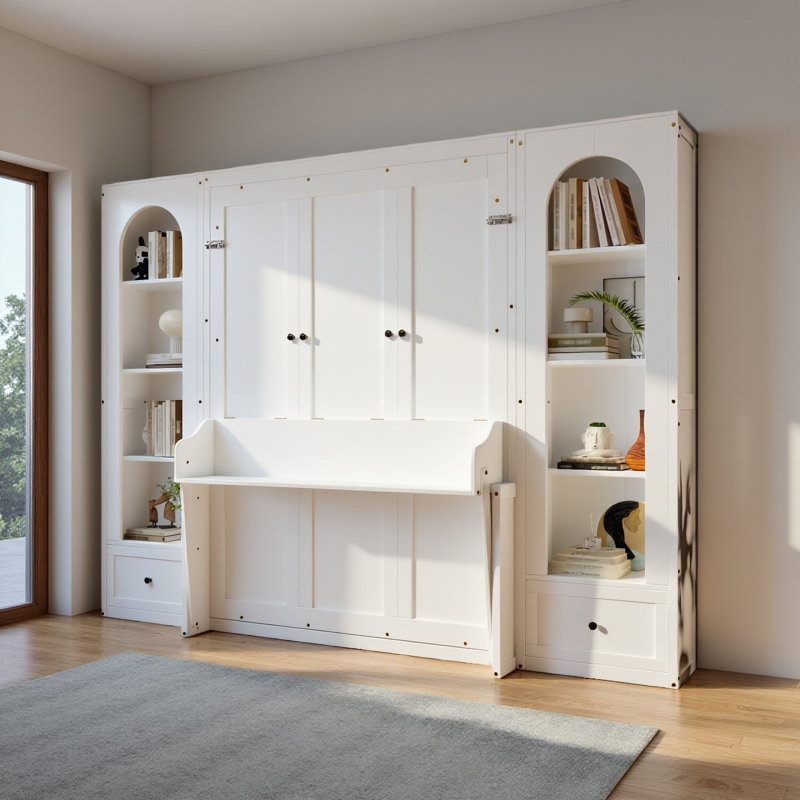 Grand lit plateforme escamotable avec tablette, armoires latérales, tiroirs et DEL, Blanc