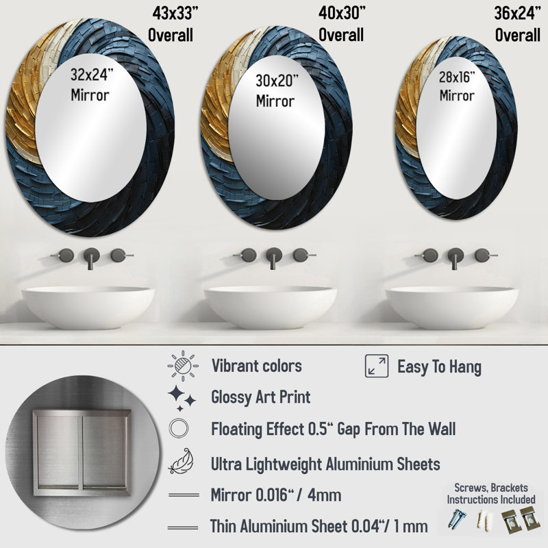 Gold Teal Minimalism Spiral Poteries I - Modern Oval Wall Mirror, 36" x 24"
