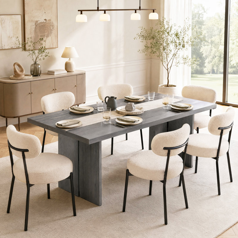 Table de salle à manger rectangulaire en bois Alyria de 70 po avec 6 chaises de salle à manger en cuir bouclé Sherpa, Grey