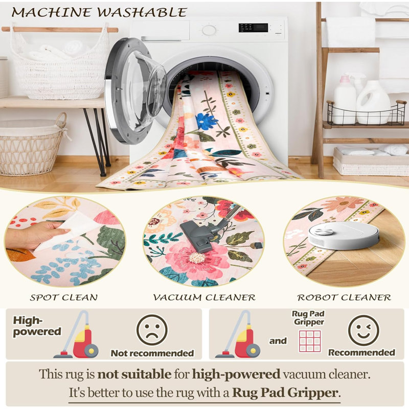 Floral 3 x 5 tapis lavables imprimé boho tapis mignon antidérapant fleur bas pour salon chambre cuisine bureau ferme-rose