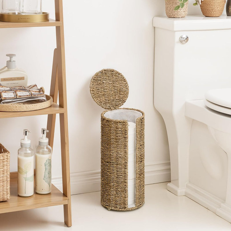 Porte-papier hygiénique autoportant Seagrass - peut contenir 3 rouleaux avec doublure et couvercle en tissu intégrés, rangement pour salle de bain
