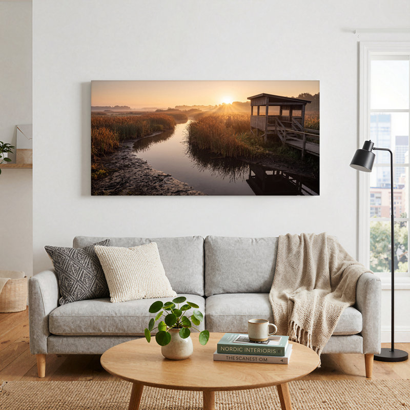 Toile en bois par Stream in Marsh au lever du soleil doré, art mural sur toile 47 x 24 x 1,5 po