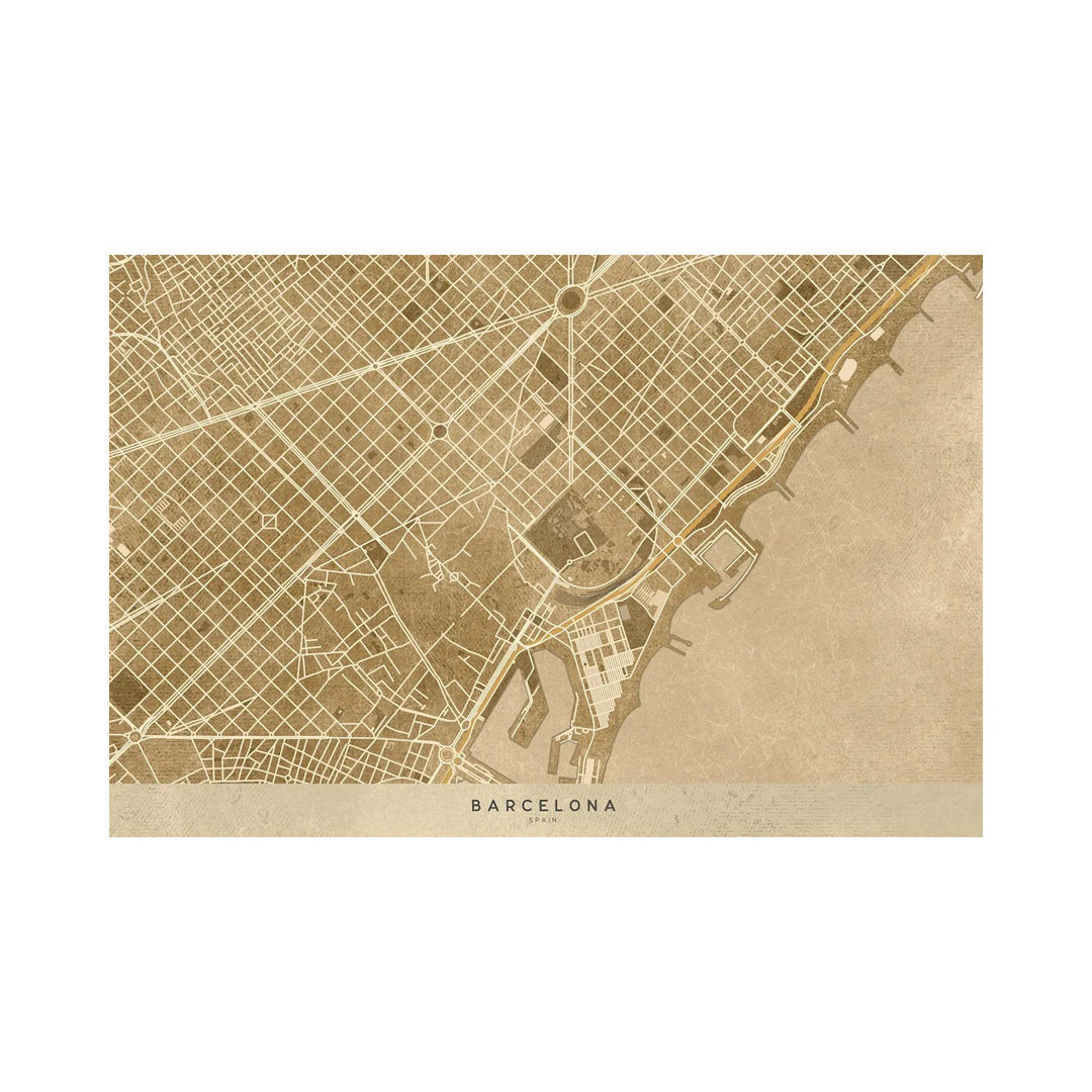 Vintage Sepia Karte von Barcelona Downtown von Blursbyai - Galerie-verpackte Leinwand Giclée auf Leinwand