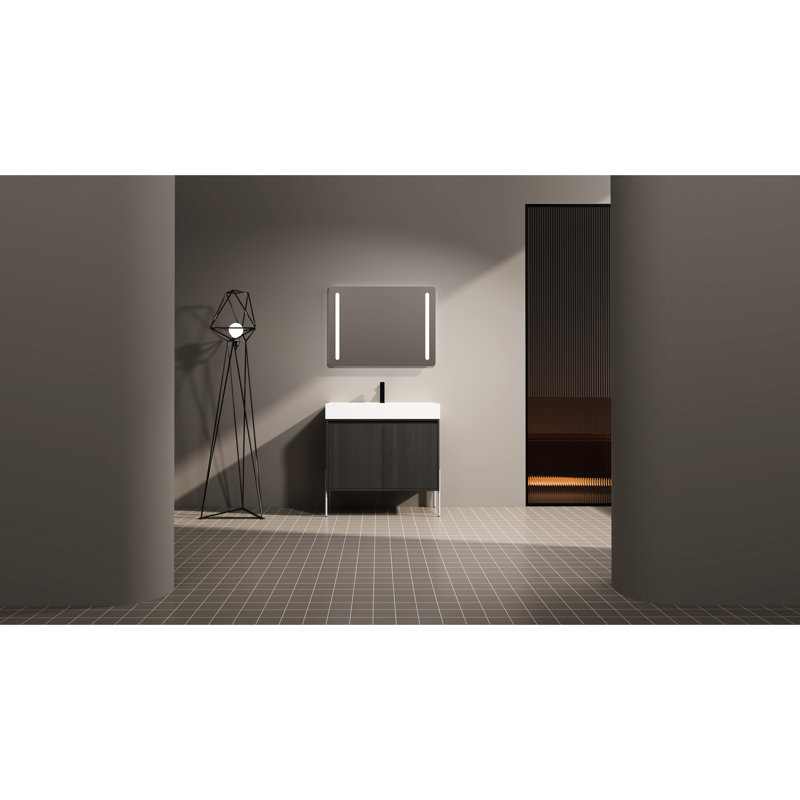 Armoire de salle de bain autoportante 36 po avec lavabo en résine - fini chêne foncé et aspect sophistiqué, 35"