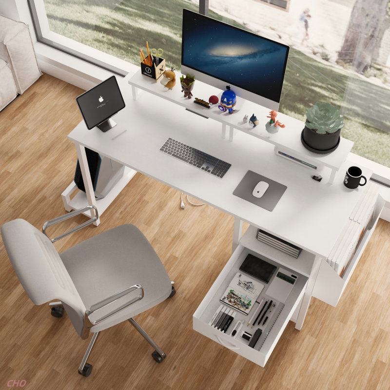 Bureau de 47,3 po avec prise de courant, 2 supports pour écran, 2 tiroirs, pochettes latérales, facile à assembler, stabilité de la structure réversible, utilisation comme bureau à domicile, bureau d'ordinateur, table de jeu