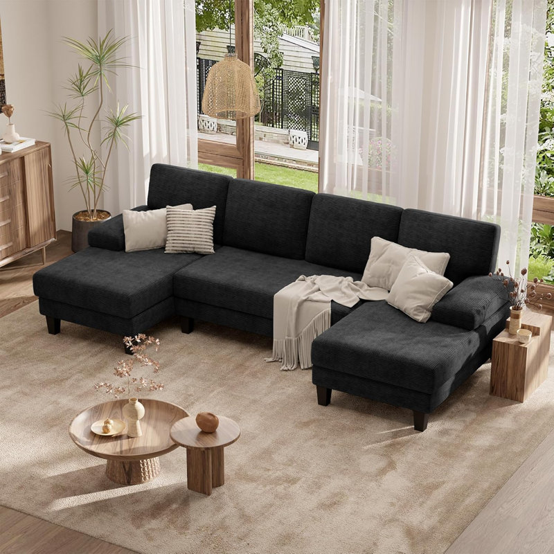 110" U-Shape Sectional Sofa With Armrests, Wood-Seat, Metal Frame & Corduroy Upholstery, Modern Comfy Design For Living Room Or Family Lounge