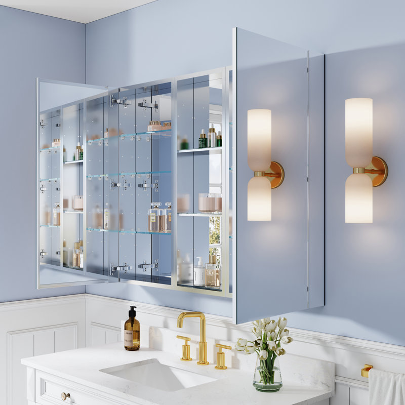 Armoire à pharmacie encastrée ou murale en aluminium avec miroir et étagère ouverte, dimensions : 112 cm (L) x 91 cm (H).