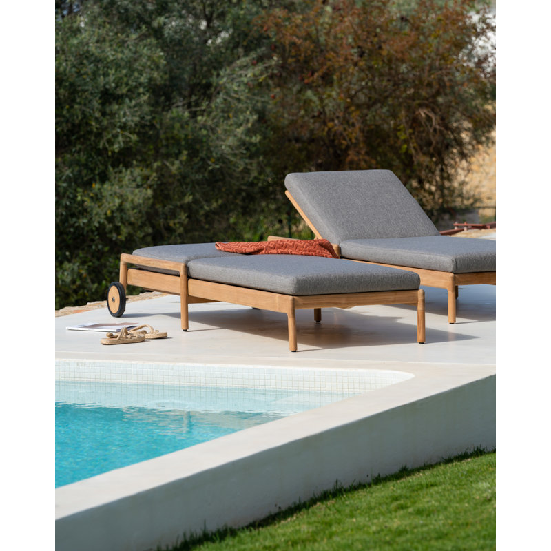 Jack Outdoor Teak Chaise Lounge, Teak Black Frame/Off White Cushion