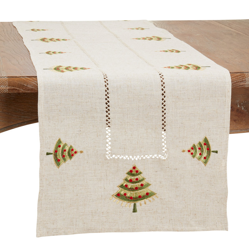 Natural Beige Polyester Christmas Tree Embroidered Table Runner, 16" x 72"