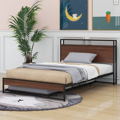 Wilone Full Size Metal Platform Bed Frame with Trundle and USB Ports
