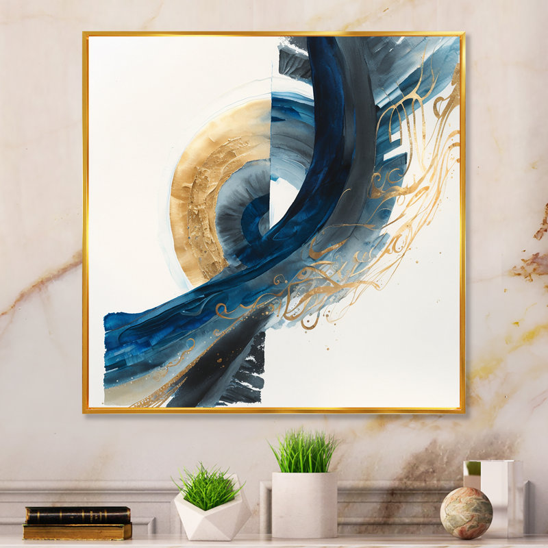 «Blue and Gold Swirl Abstract VI», peinture sur toile, Toile avec cadre flottant or, H 24 po x l 24 po x P 1 po