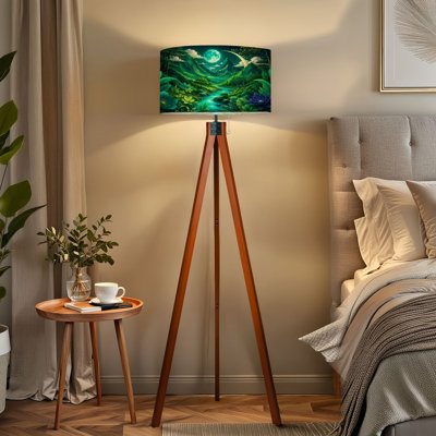 Tripod Standing Lamp Fantasy Landscape Green Forest Mystical Mountains Glowing Sky Remote Controlled Dimmable LED Floor Lamp with Beech Wood Legs & De