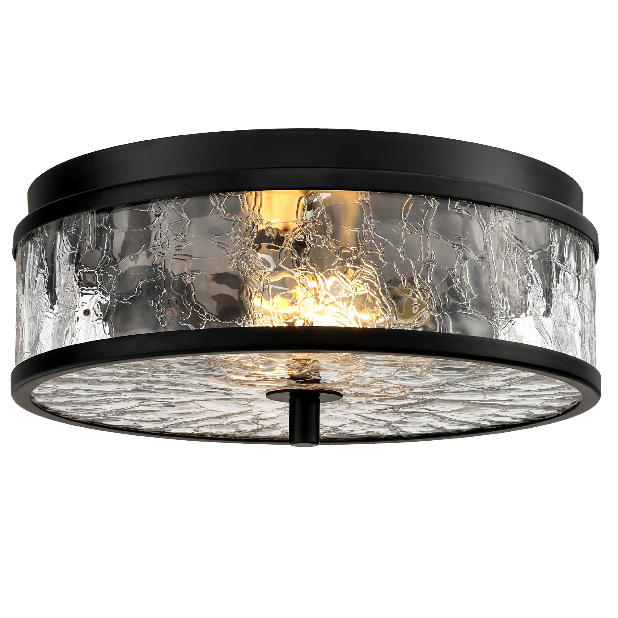 2-Light 12” Flush Mount Ceiling Light With Crackle Glass Shade, Matte Black