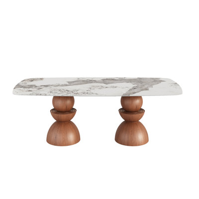 94" Mid-Century Double Pedestal Solid Wood Dining Table With Rectangular Sintered Stone Tabletop