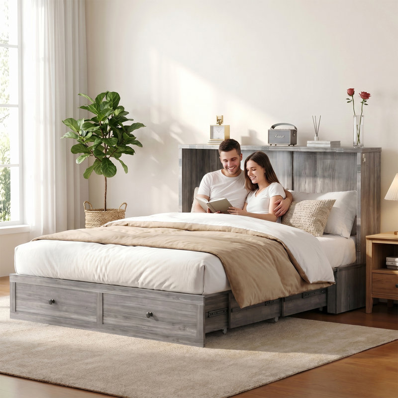 Grand lit escamotable avec USB, tiroirs de rangement et matelas à trois volets, Queen