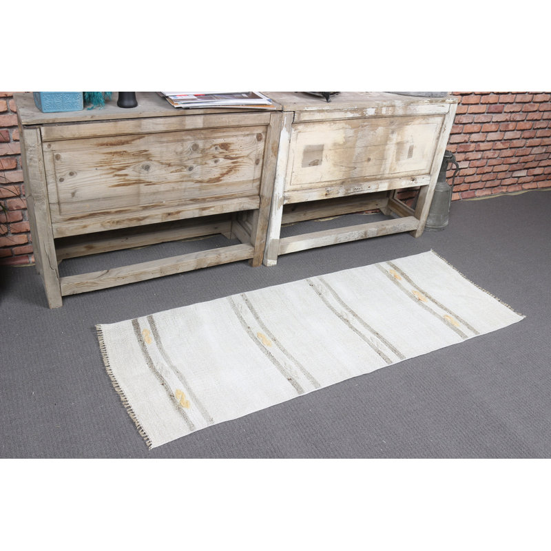 Vintage Handwoven Turkish Anatolian Hemp Rug With Stripes For Entryway Or Small Spaces In White