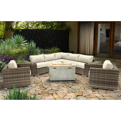 Lsi Fully Assembled 6 Person Seating Group With  Sunbrella Cushions And Concrete Firepit