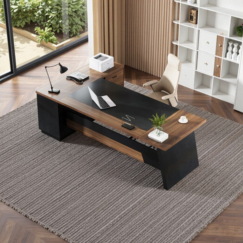 Bureau de direction en L 78 po avec rangement - Noyer moderne et espace de travail noir