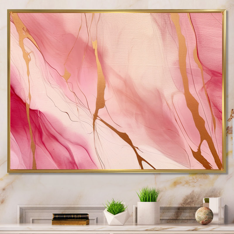 «Rose and Gold Enchanted Spills II», impressions murales abstraites, Cadre flottant doré, H 24 po x l 32 po x P 1 po
