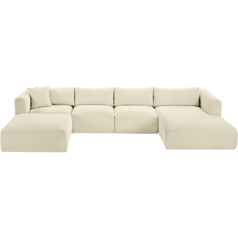 Canapé modulaire Carmean, Velours côtelé texturé crème, 2 sans accoudoirs, 1 méridienne, 1 d'angle et 1 r