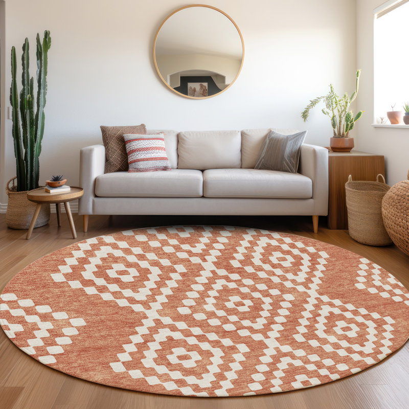 Premium Machine Washable Prisco Salmon Rug, Round 8'