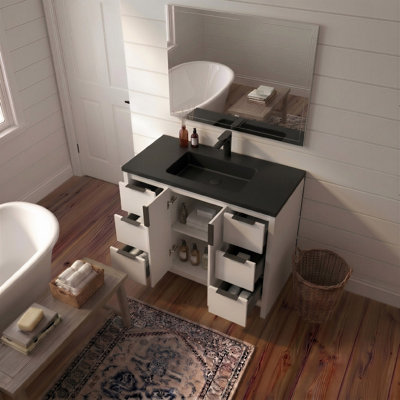 Meuble-lavabo simple autoportant de 101,6 cm (40 po) avec comptoir en résine noire mate, armoire à 2 portes et 6 tiroirs blanche brillante (HG.White), design moderne pour maison, hôtel, chambre d'hôtes et propriété.
