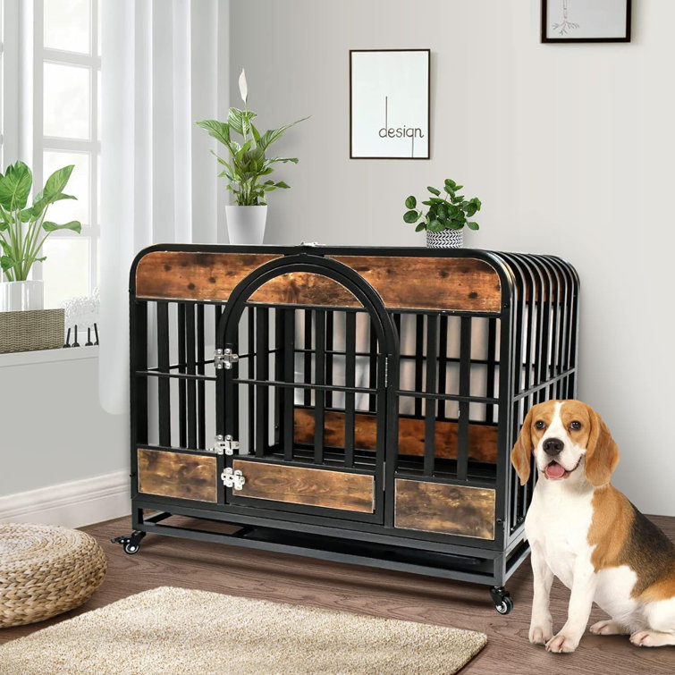 Tucker Murphy Pet™ Furniture Style Dog Crate, 32in Dog Kennel With Pull-out Tray And Lockable Omni-directional Wheels, Hard Steel Pipe And Heavy Duty Wooden Panel, Easy Assembly, Chew-resistant, Rustic Brown