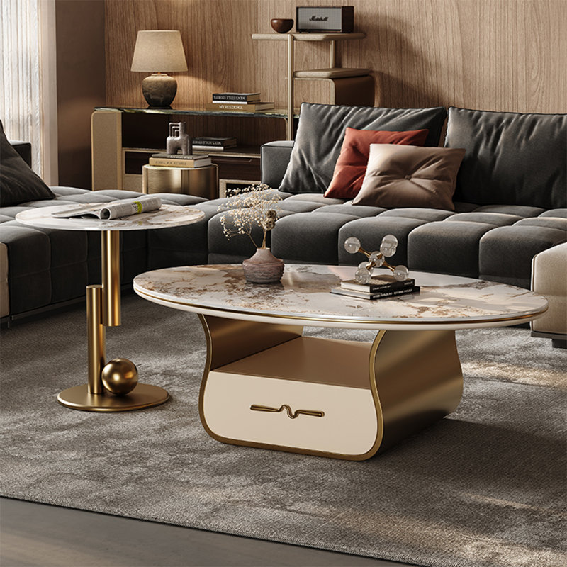 Table basse ovale en pierre claire, H 16,5 po x L 55,1 po x l 31,5 po, Doré